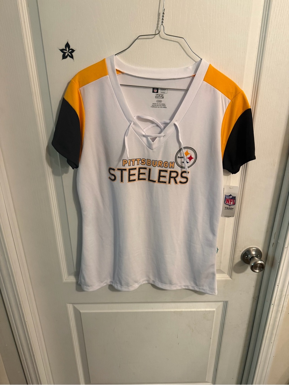 NFL Pittsburgh Steelers White Lace-Up V-Neck Jersey with Gold and Black Accents